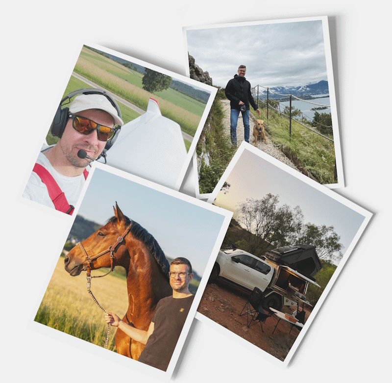 Foto-Collage für Hobbys mit Pferd, Hund, Camping und Flieger